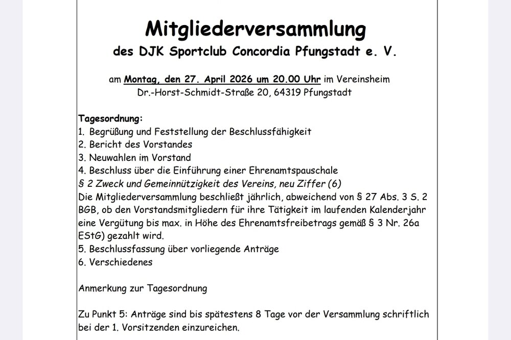 Einladung zur außerordentlichen Mitgliederversammlung der Concordia